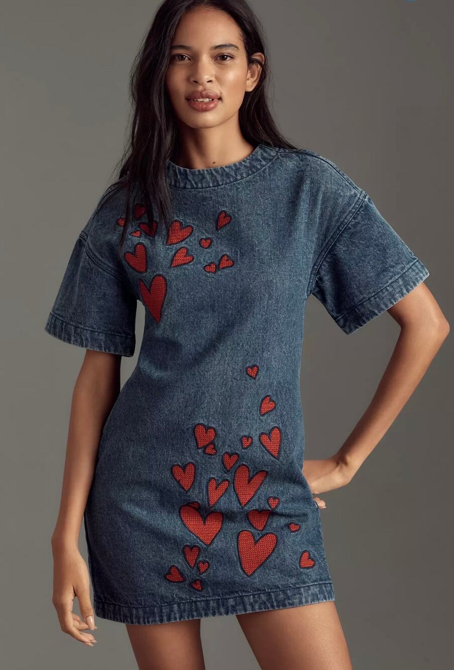 Anthropologie Dhruv Kapoor Embroidered Heart Denim Mini Dress Women’s Medium NEW